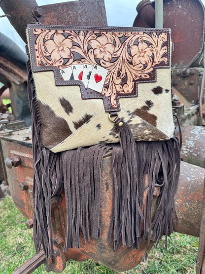 Genuine Western Spotted Cowhide Leather Purse and Wallet with Ace Cards painted details and brown fringe