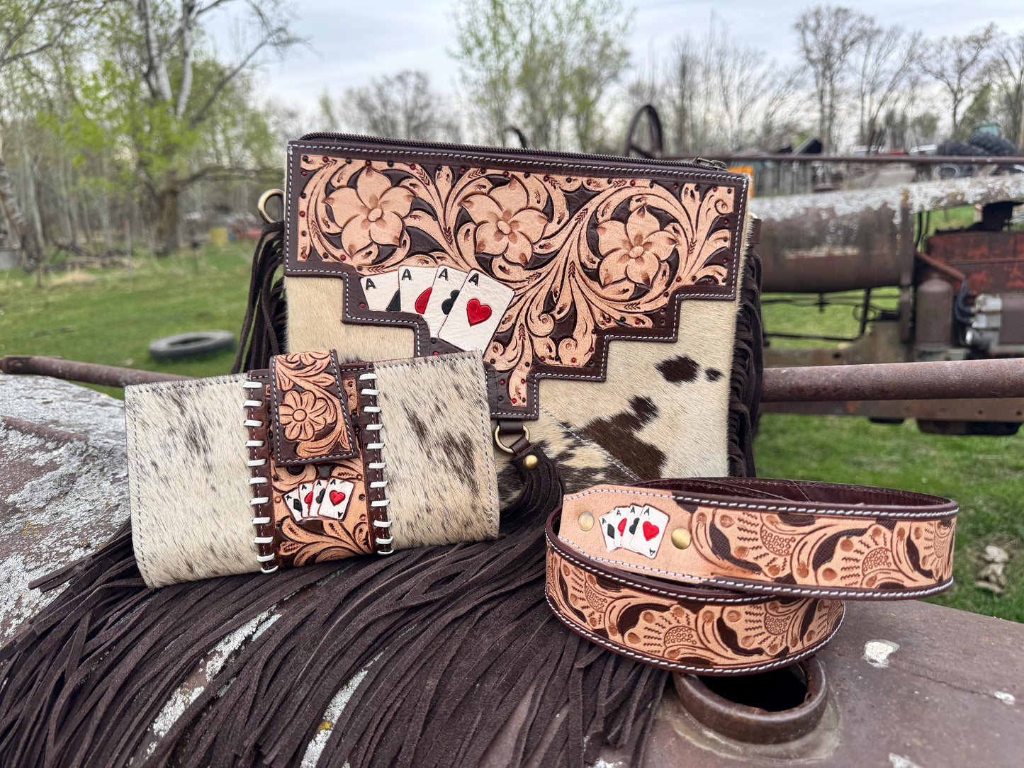 Genuine Western Spotted Cowhide Leather Purse and Wallet with Ace Cards painted details and brown fringe