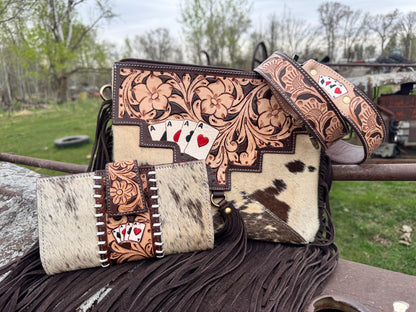 Genuine Western Spotted Cowhide Leather Purse and Wallet with Ace Cards painted details and brown fringe
