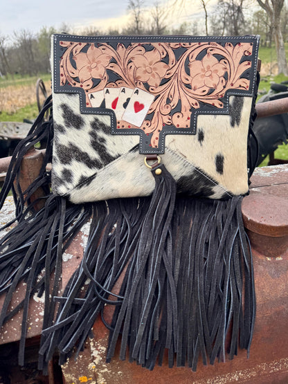 Genuine Western Spotted Cowhide Leather Purse and Wallet with Ace Cards painted details and black fringe