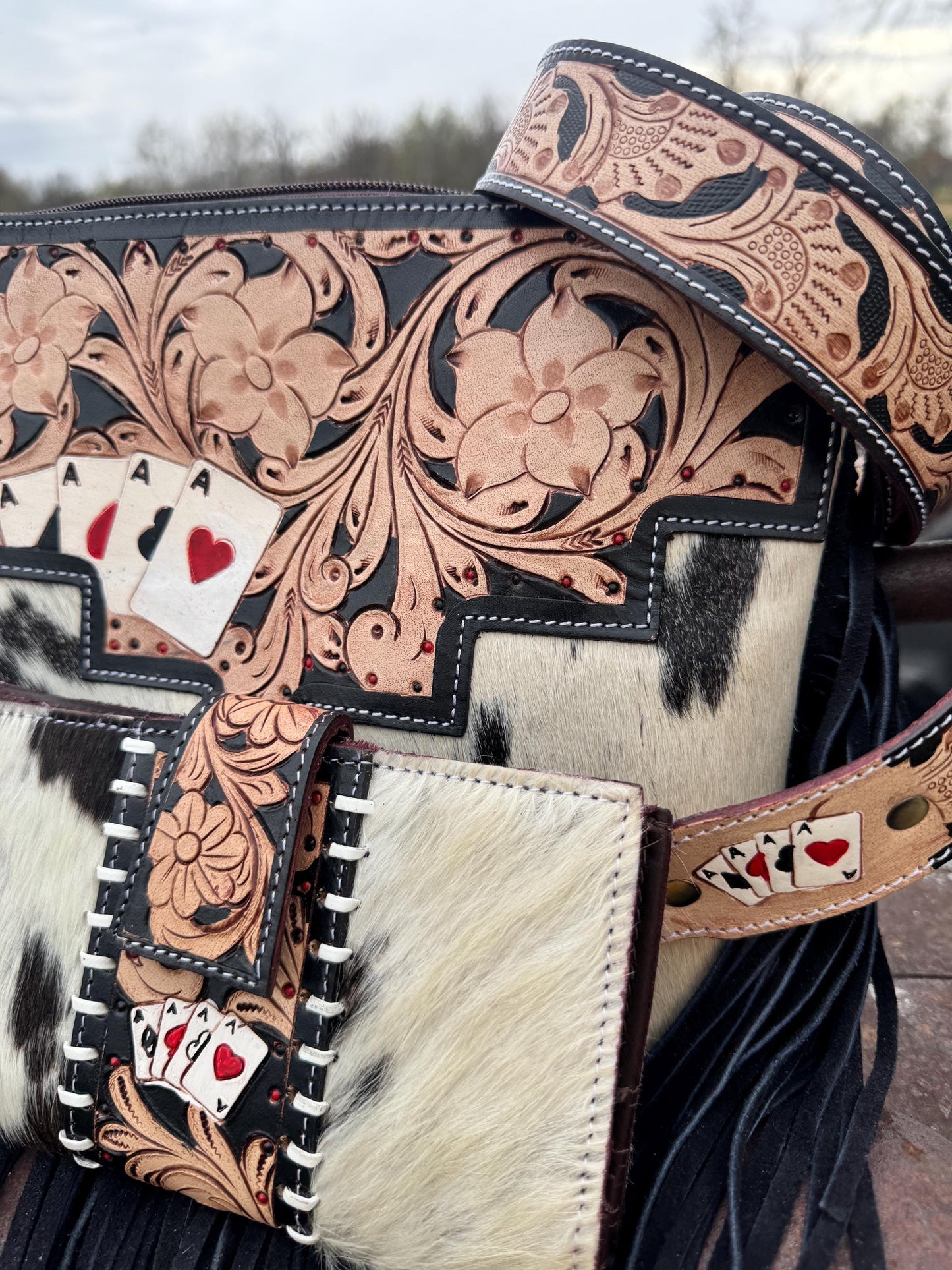 Genuine Western Spotted Cowhide Leather Purse and Wallet with Ace Cards painted details and black fringe