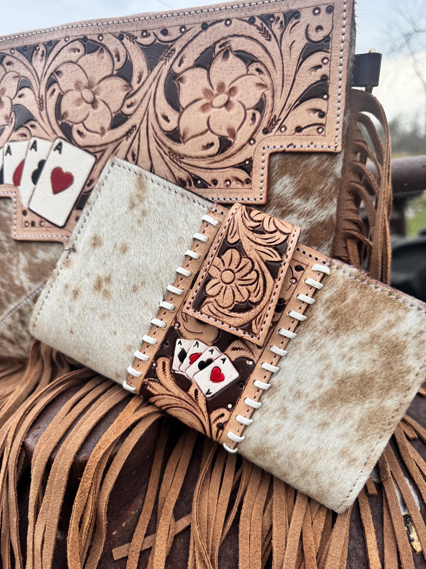 Genuine Western Spotted Cowhide Leather Purse and Wallet with Ace Cards painted details and tan fringe