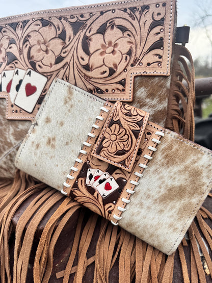 Genuine Western Spotted Cowhide Leather Purse and Wallet with Ace Cards painted details and tan fringe
