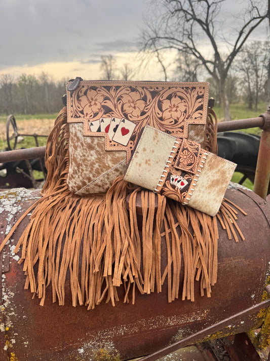 Genuine Western Spotted Cowhide Leather Purse and Wallet with Ace Cards painted details and tan fringe
