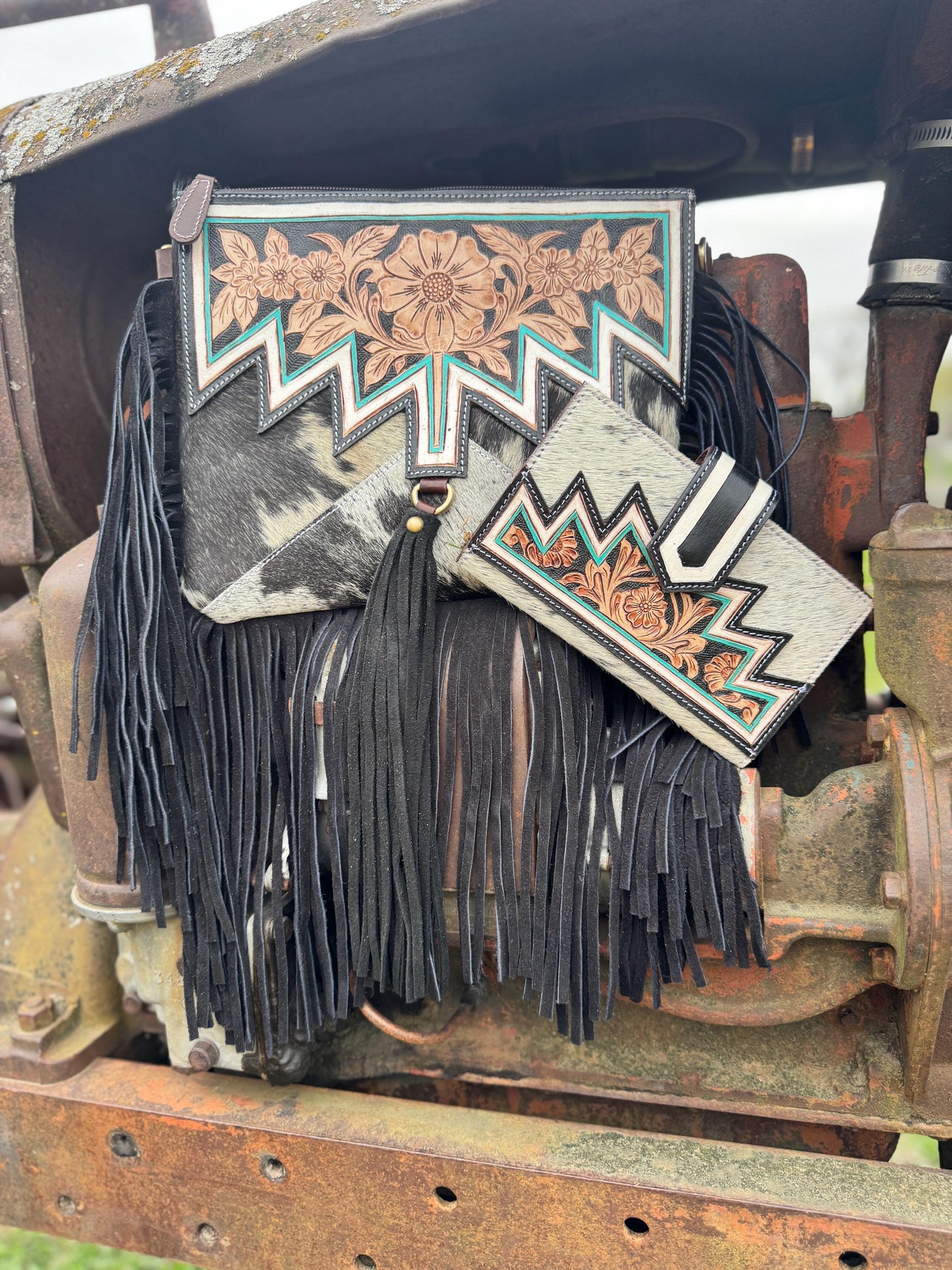 Genuine Western Black Cowhide Leather Fringe Purse and Wallet Set
