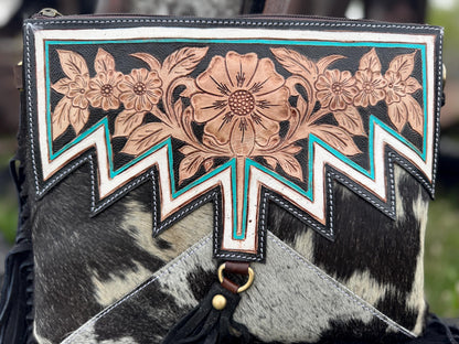 Genuine Western Black Cowhide Leather Fringe Purse and Wallet Set