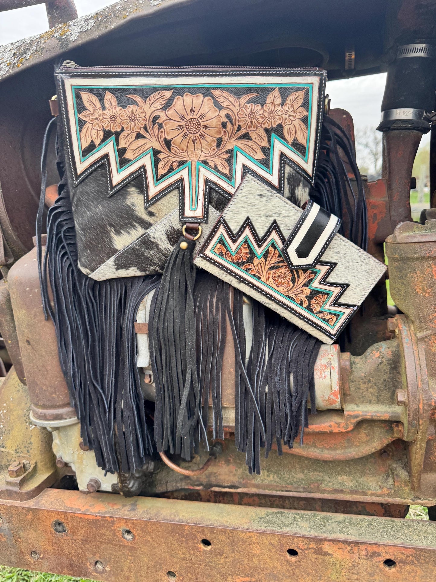 Genuine Western Black Cowhide Leather Fringe Purse and Wallet Set
