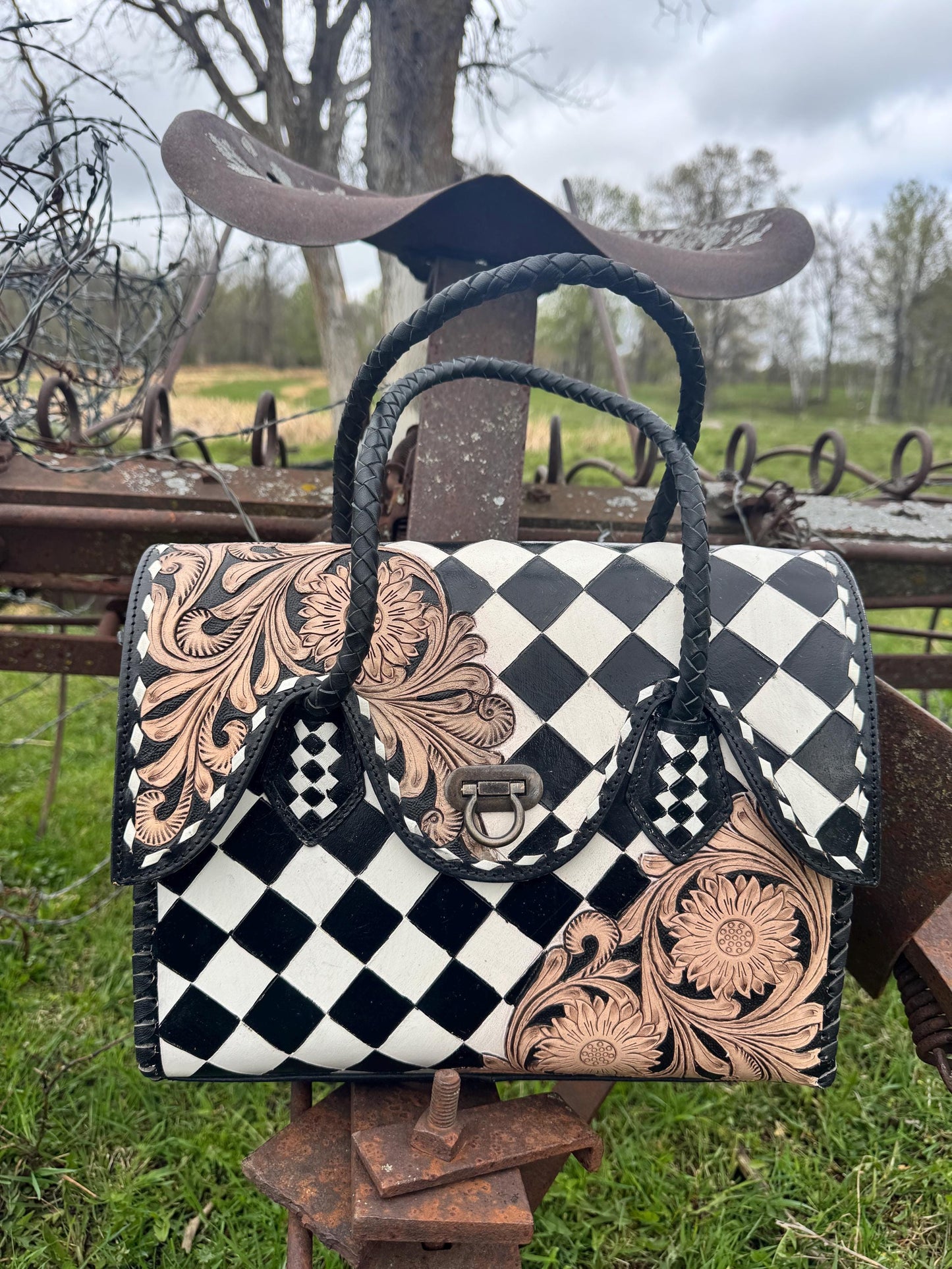 Western Genuine Leather Checkered Handbag by Double B