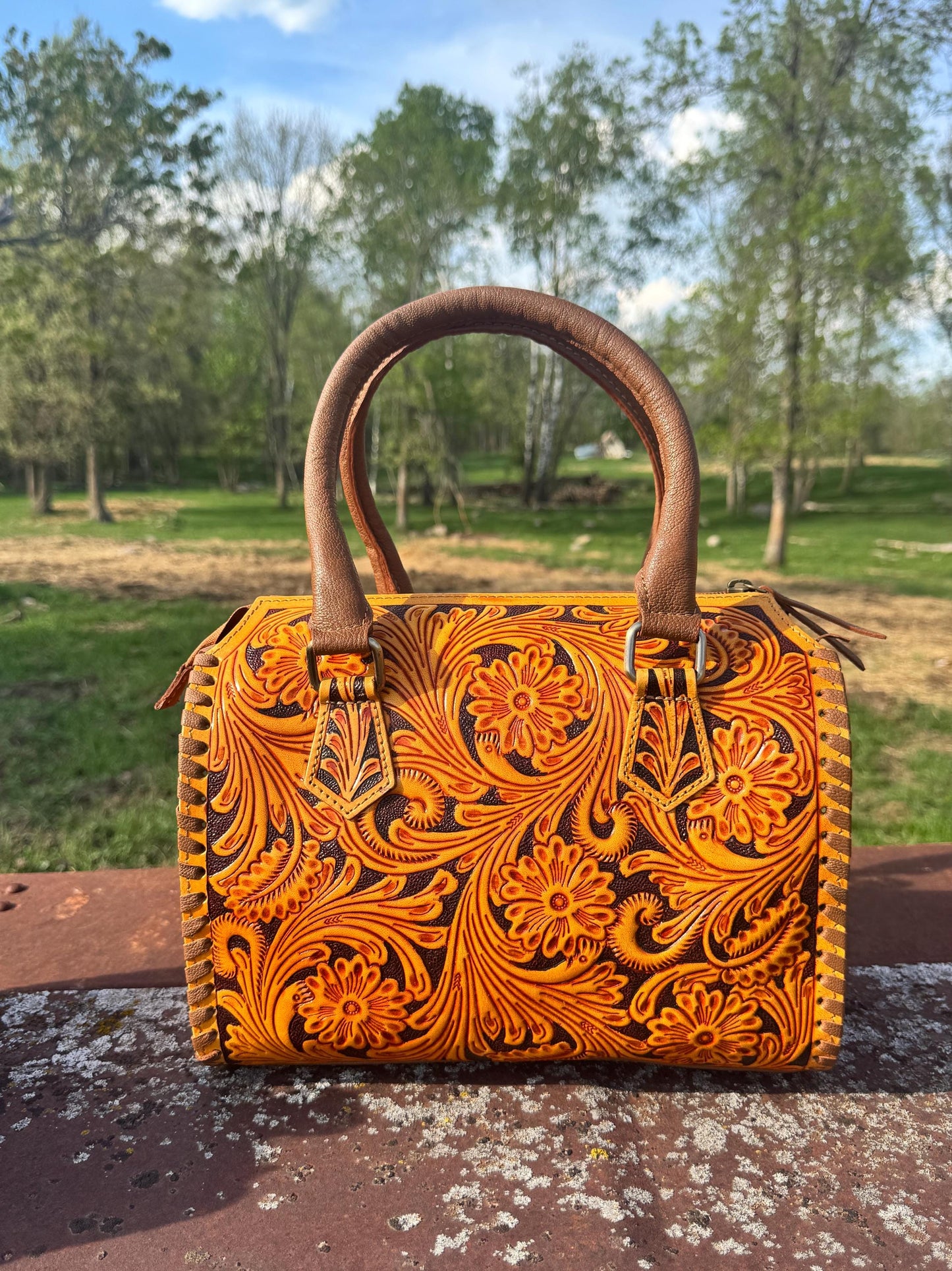 Sorrel Sunset Speedy Western Genuine Leather Barrel Bag Purse by Double B