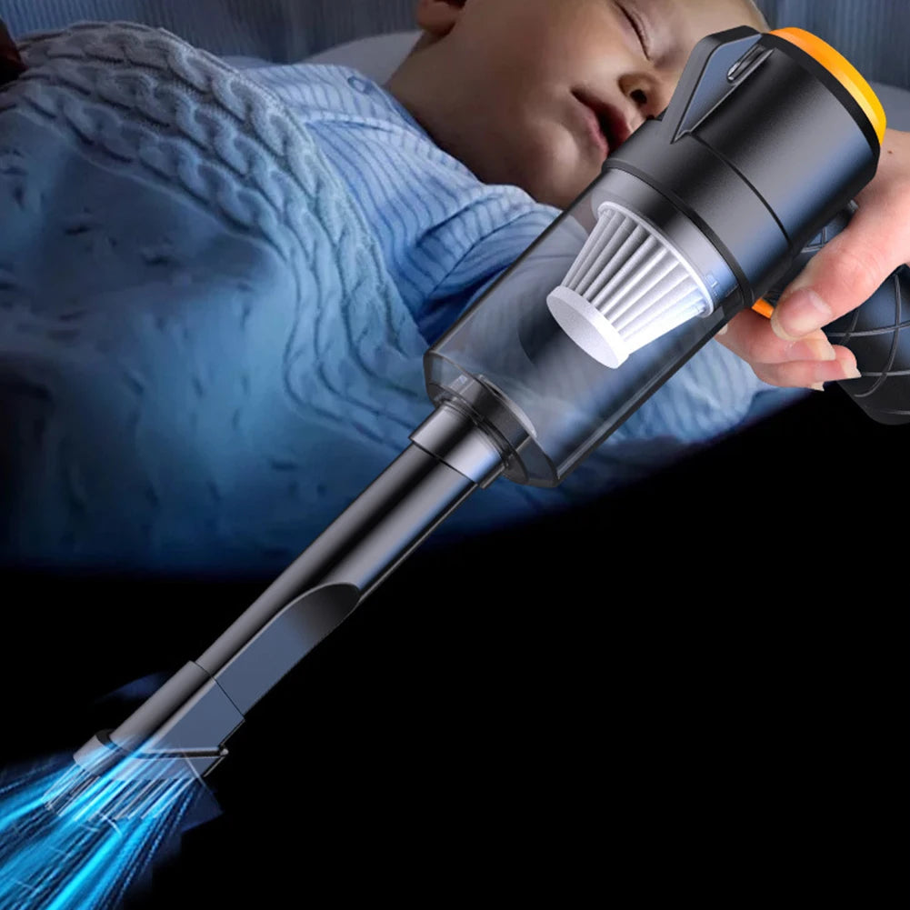 Person using a handheld vacuum cleaner with blue light on a dark background | Origin Zero
