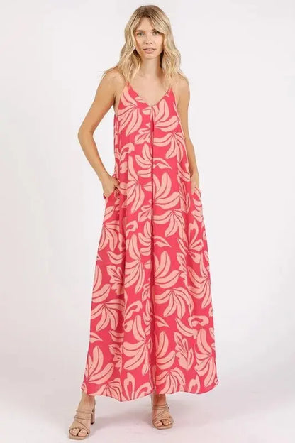 Women's Maxi Dress Maxi Dress - Printed V-Neck with Pockets - Summer Casual