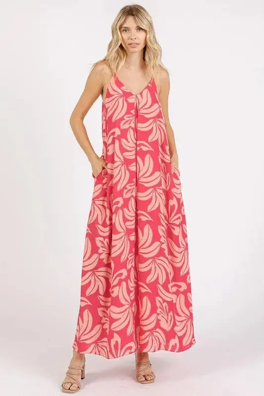 Women's Maxi Dress Maxi Dress - Printed V-Neck with Pockets - Summer Casual