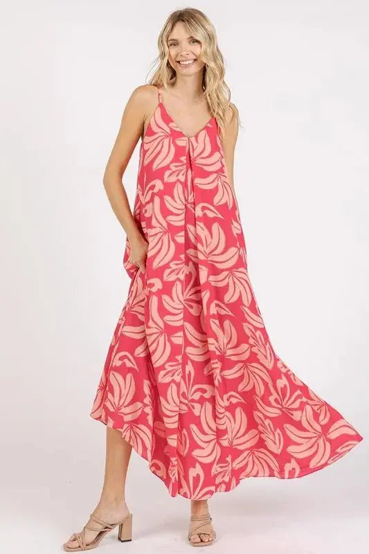 Women's Maxi Dress Maxi Dress - Printed V-Neck with Pockets - Summer Casual