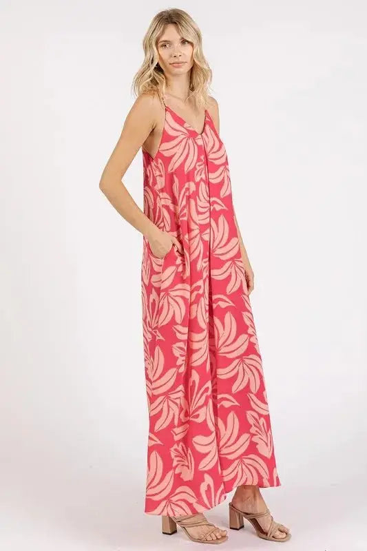 Women's Maxi Dress Maxi Dress - Printed V-Neck with Pockets - Summer Casual
