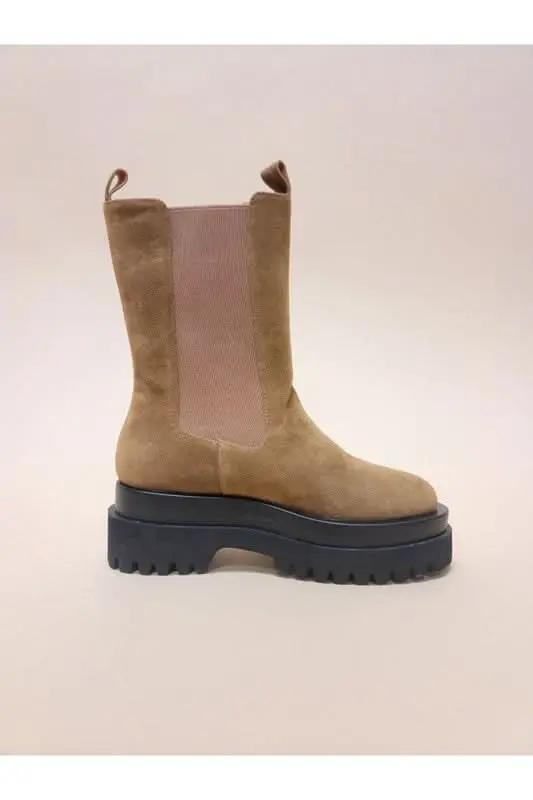 Women's Camel Suede Combat Boots | Platform
