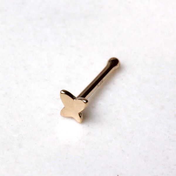 14Kt Yellow Gold Stud Nose Ring with a Butterfly