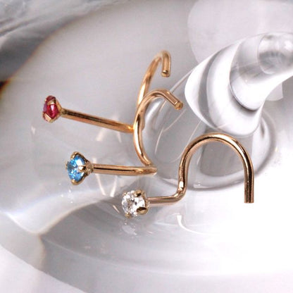 14Kt Yellow Gold Screw Nose Ring with Prong Setting Gem