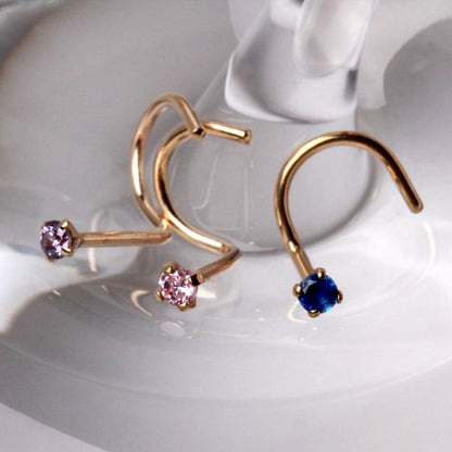 14Kt Yellow Gold Screw Nose Ring with Prong Setting Gem