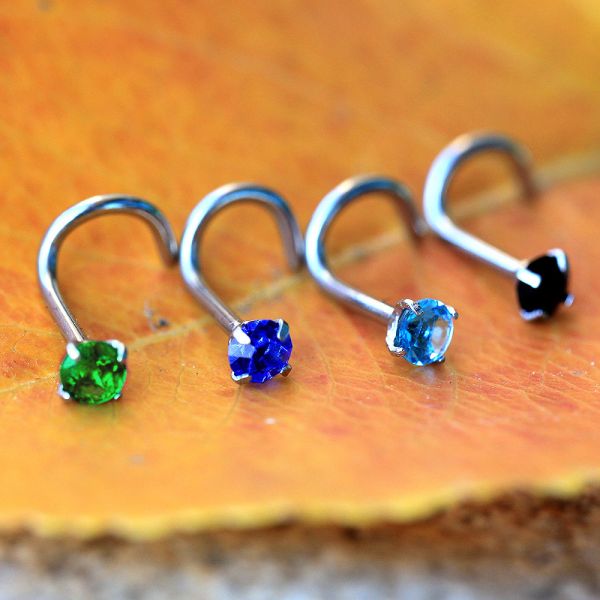 316L Surgical Steel Screw Nose Ring with Prong Set Gem