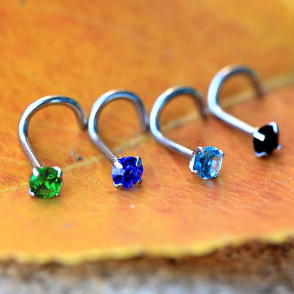 316L Surgical Steel Screw Nose Ring with Prong Set Gem
