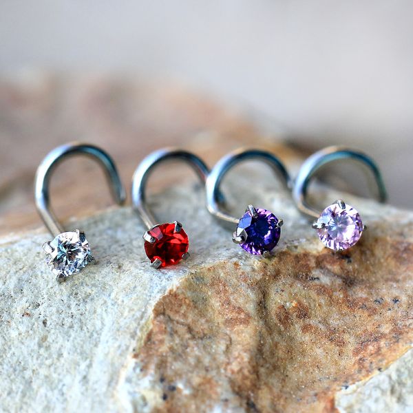 316L Surgical Steel Screw Nose Ring with Prong Set Gem