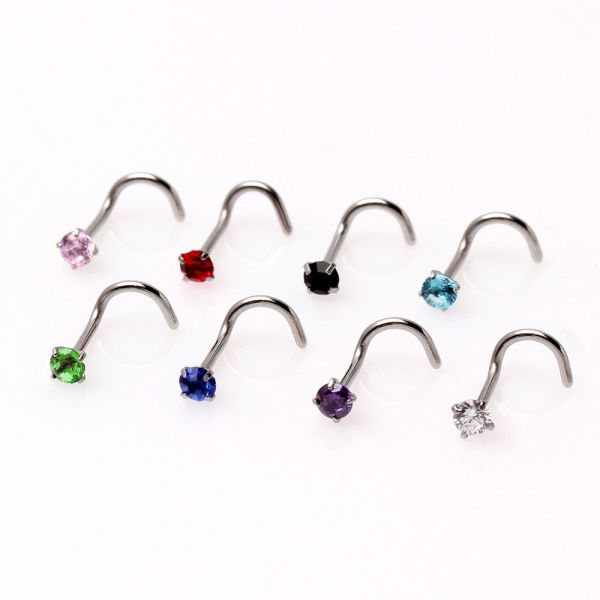 316L Surgical Steel Screw Nose Ring with Prong Set Gem