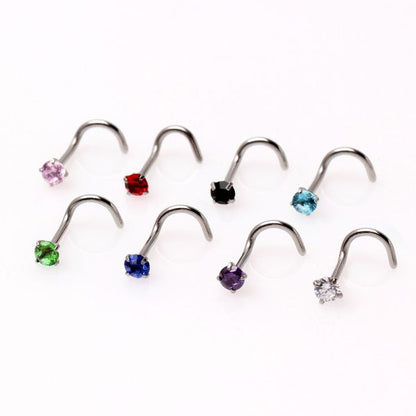 316L Surgical Steel Screw Nose Ring with Prong Set Gem