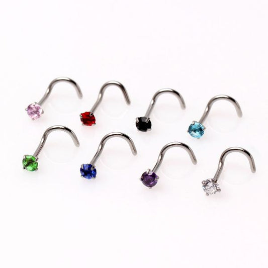 316L Surgical Steel Screw Nose Ring with Prong Set Gem