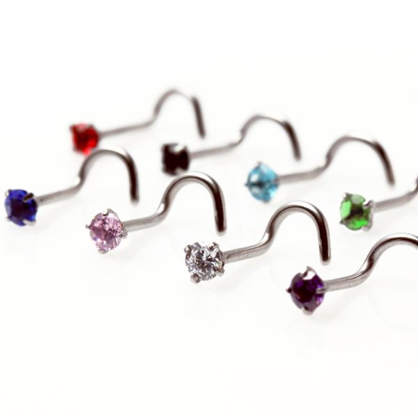 316L Surgical Steel Screw Nose Ring with Prong Set Gem