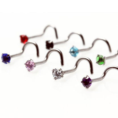 316L Surgical Steel Screw Nose Ring with Prong Set Gem
