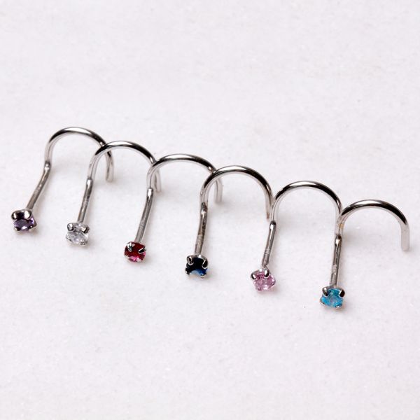 14Kt White Gold Screw Nose Ring with Prong Setting Gem