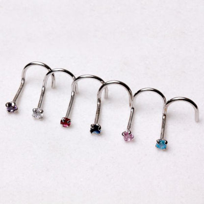 14Kt White Gold Screw Nose Ring with Prong Setting Gem