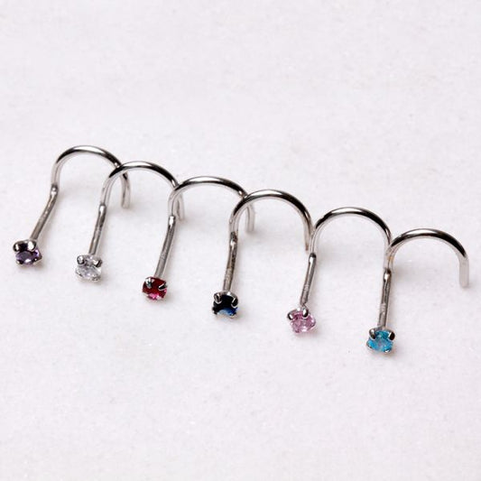 14Kt White Gold Screw Nose Ring with Prong Setting Gem