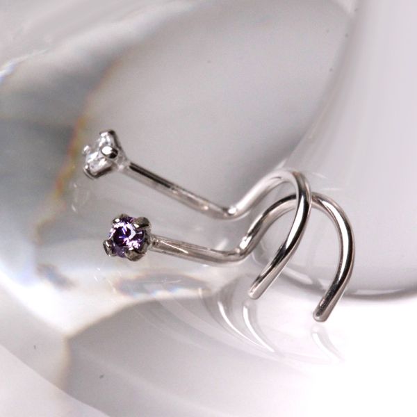 14Kt White Gold Screw Nose Ring with Prong Setting Gem