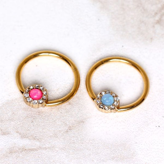 Gold Plated Jeweled Synthetic Opal Captive Bead Ring Nipple Jewelry