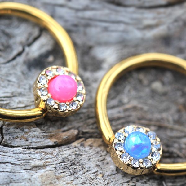 Gold Plated Jeweled Synthetic Opal Captive Bead Ring Nipple Jewelry