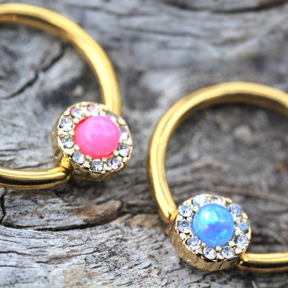 Gold Plated Jeweled Synthetic Opal Captive Bead Ring Nipple Jewelry