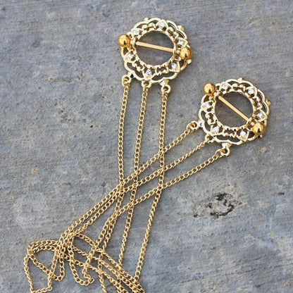 Gold Plated Triple Chain Floral Nipple Shields