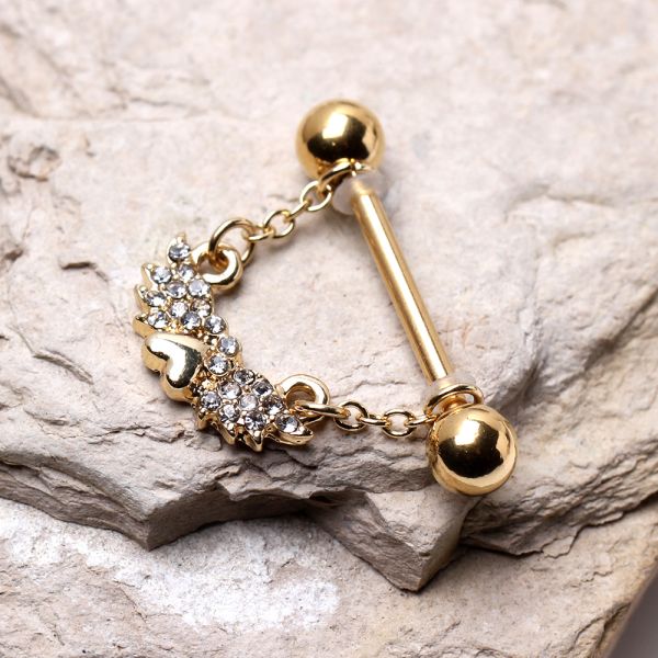 Gold Plated Jeweled Winged Heart Nipple Ring