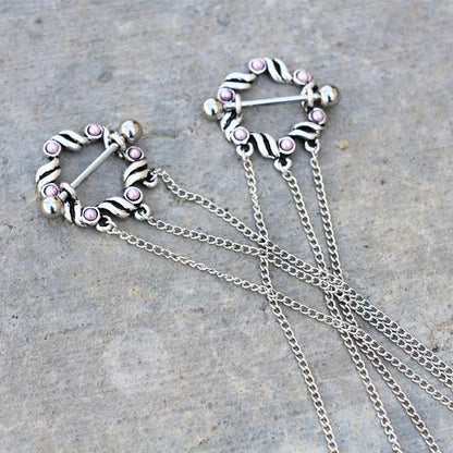 316L Stainless Steel Triple Chain Pink Ribbon Nipple Shields