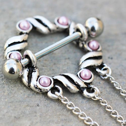 316L Stainless Steel Triple Chain Pink Ribbon Nipple Shields