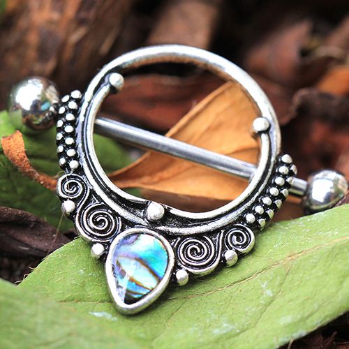 Ornate Nipple Shield with Tear Drop Abalone