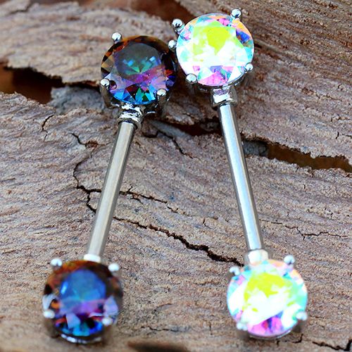 Pair 316L Stainless Steel Prong Set Iridescent Cubic Nipple Bar