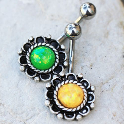 Antique Synthetic Opal Floral Charm Navel Ring
