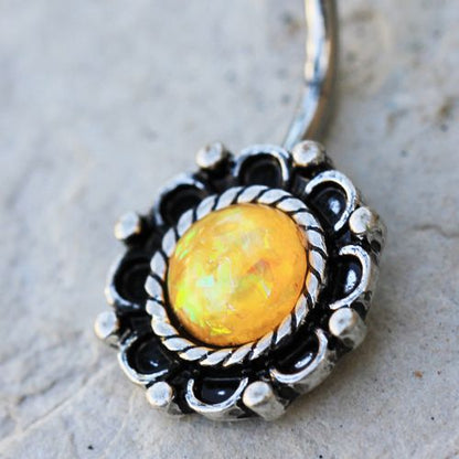 Antique Synthetic Opal Floral Charm Navel Ring