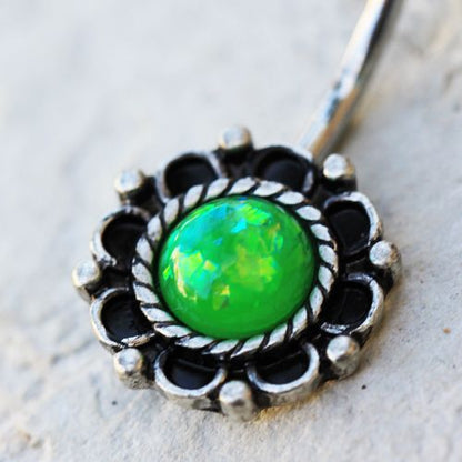 Antique Synthetic Opal Floral Charm Navel Ring