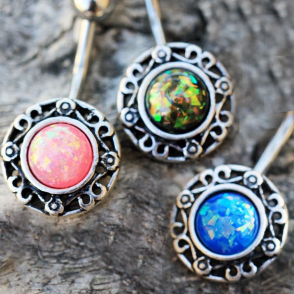 316L Stainless Steel Antique Navel Ring with Adorned Synthetic Opal