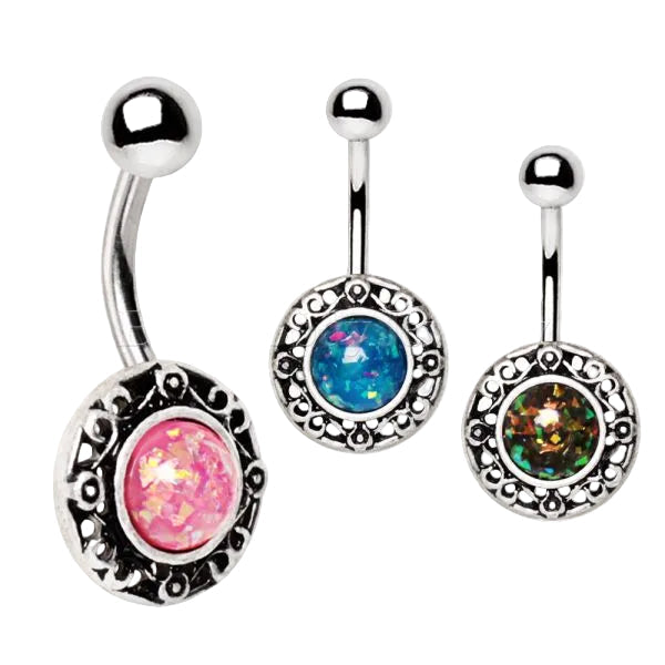 316L Stainless Steel Antique Navel Ring with Adorned Synthetic Opal