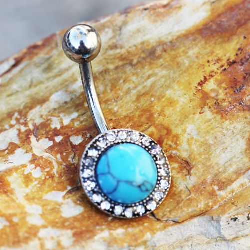 Antique Jeweled Turquoise Belly Ring | CZ & Black Plated | 316L Surgical Steel