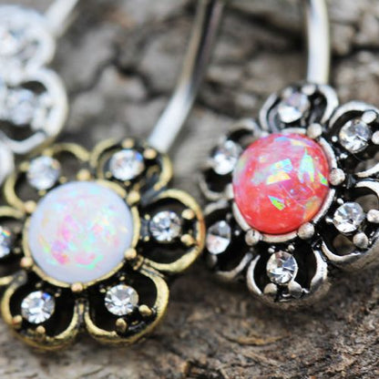 316L Stainless Steel Synthetic Opal Floral Navel Ring